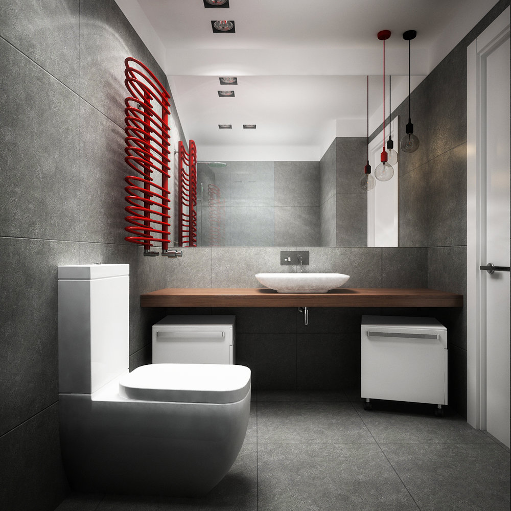 Санузел. Интерьер санузла. Ванная в сером стиле. Серый санузел интерьер. Ванная комната с красными акцентами.